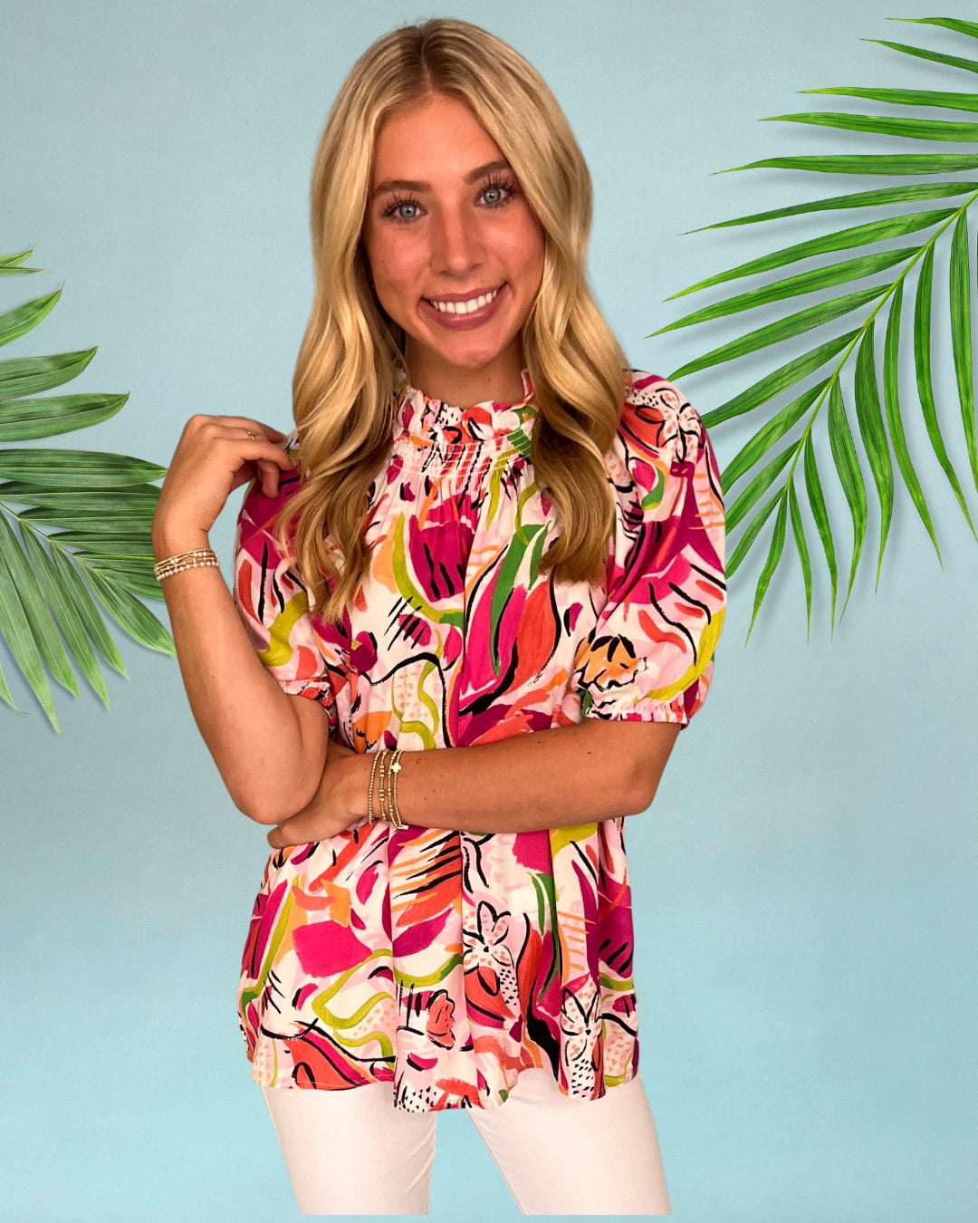 Floral Fascination Pink Smocked Neck Top-Shop-Womens-Boutique-Clothing