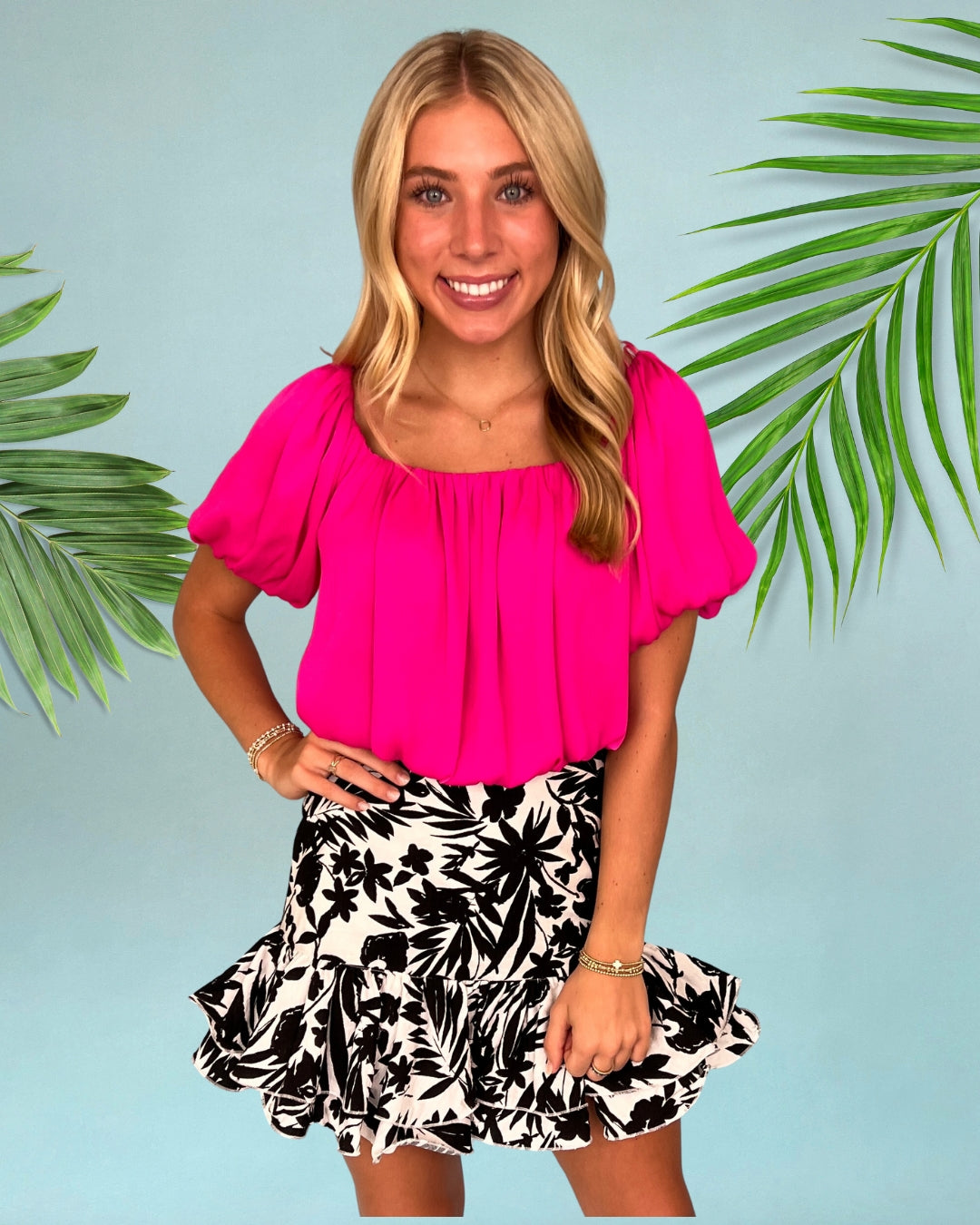 Pulled To Paradise Fuchsia Puff Sleeve Crop Top-Shop-Womens-Boutique-Clothing