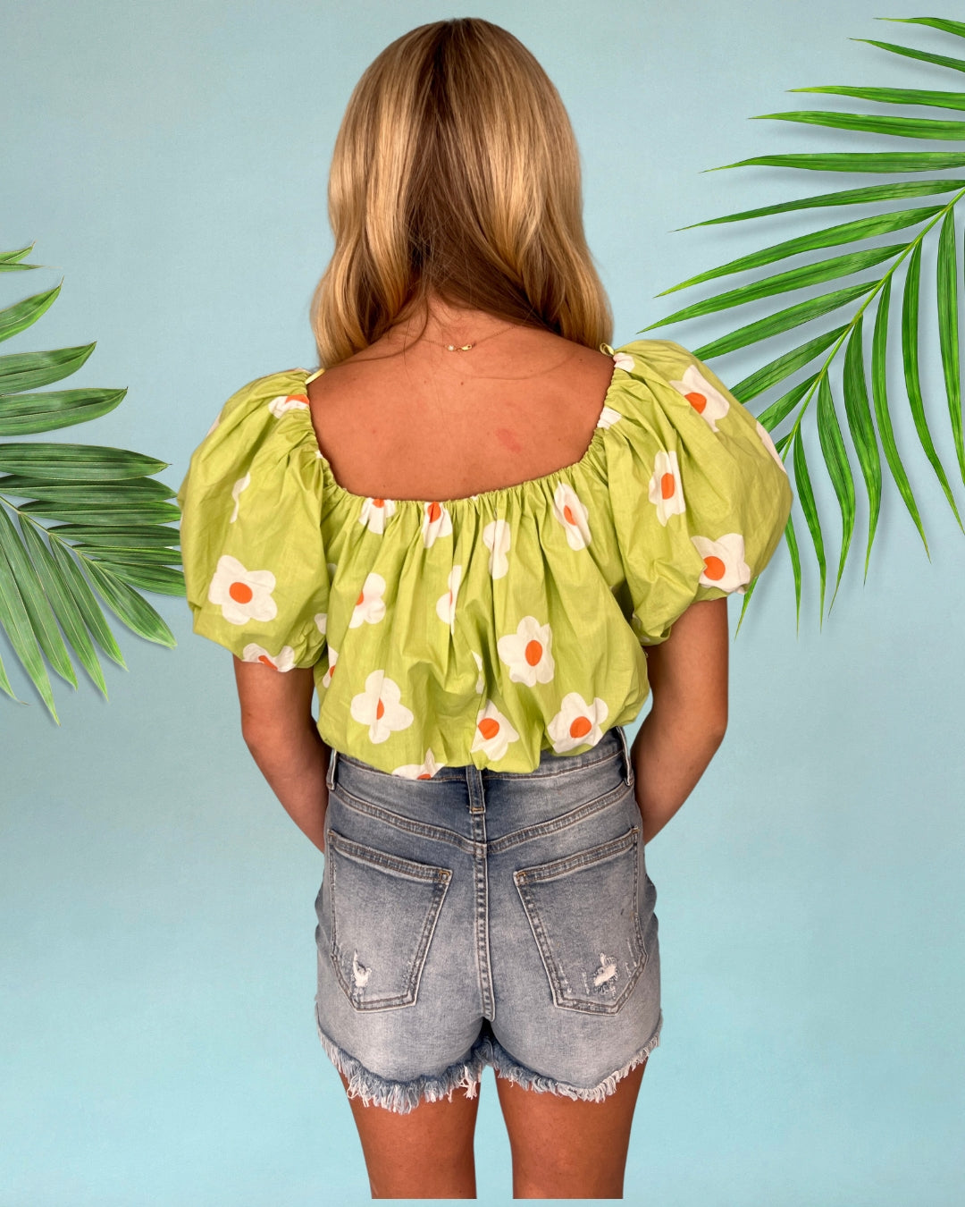 Grass Is Greener Lime Flower Printed Puff Sleeve Crop Top-Shop-Womens-Boutique-Clothing
