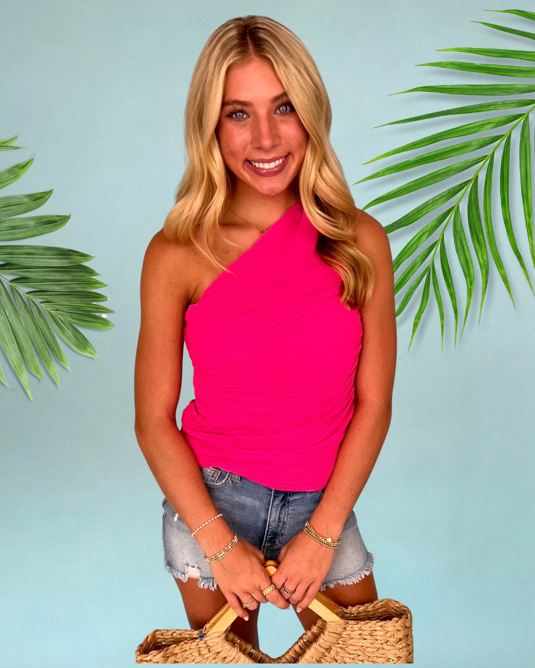 Soak Up The Rays Hot Pink Pleated One Shoulder Crop Top-Shop-Womens-Boutique-Clothing