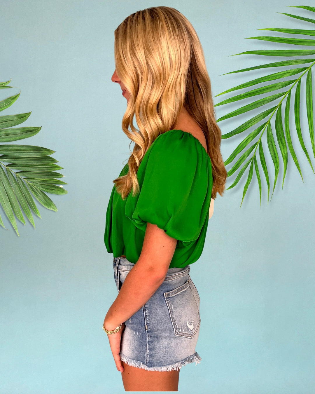 Pulled To Paradise Forest Green Puff Sleeve Crop Top-Shop-Womens-Boutique-Clothing
