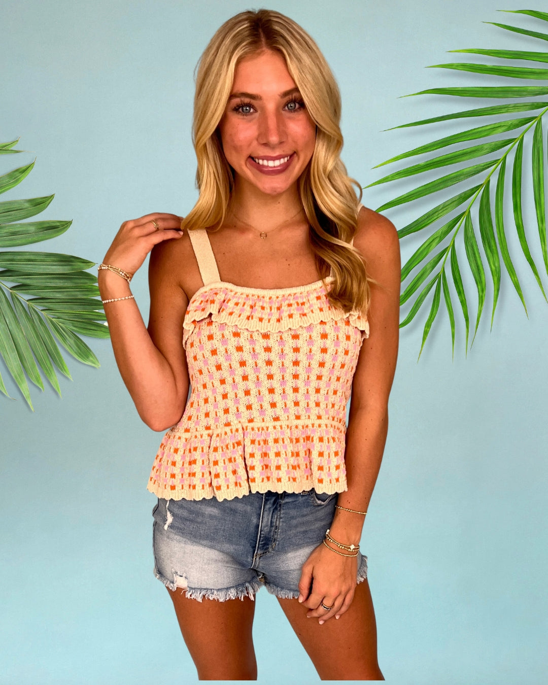 All The Way In Pink Crochet Knit Ruffle Tank Top-Shop-Womens-Boutique-Clothing