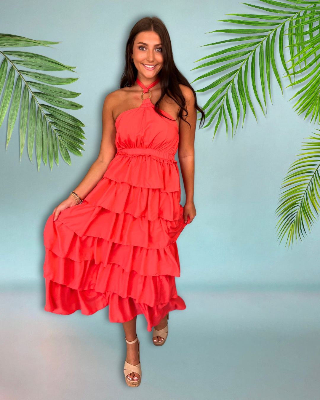 Hard To Please Bright Punch O’Ring Detail Ruffle Maxi Dress-Shop-Womens-Boutique-Clothing