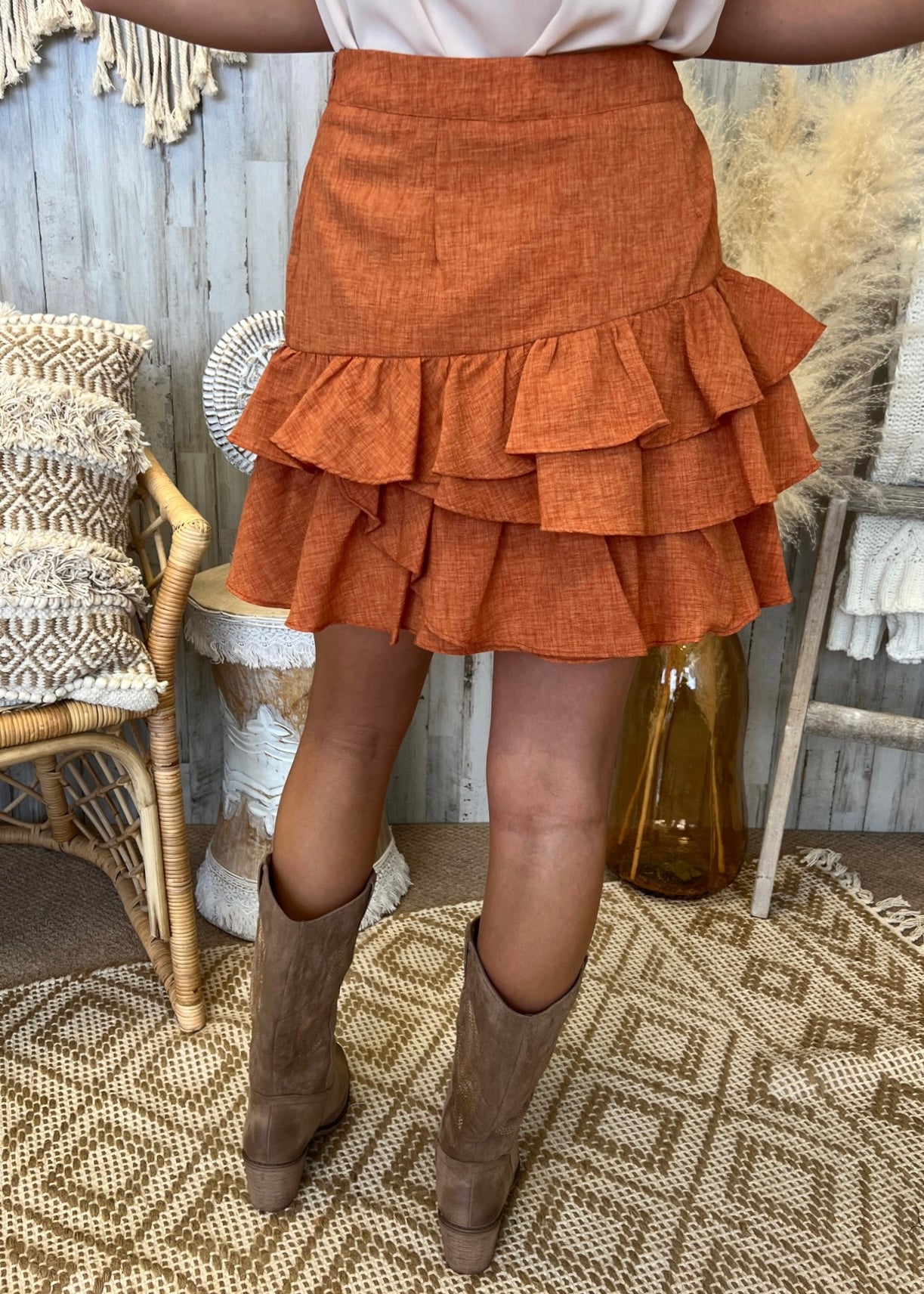 Day To Night Camel Ruffle Tier Skirt-Shop-Womens-Boutique-Clothing