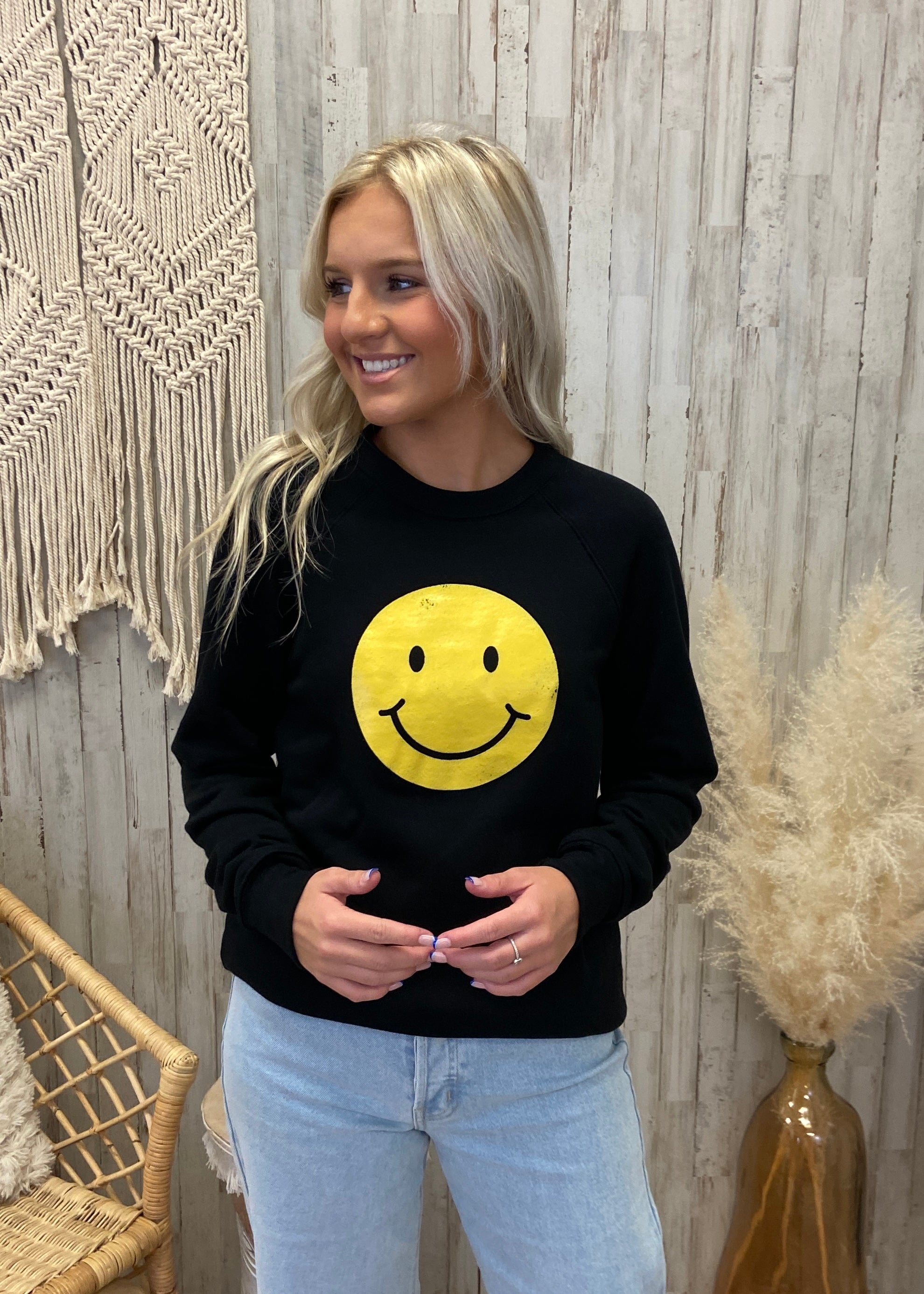 Smiley Face Black Sweatshirt-Shop-Womens-Boutique-Clothing