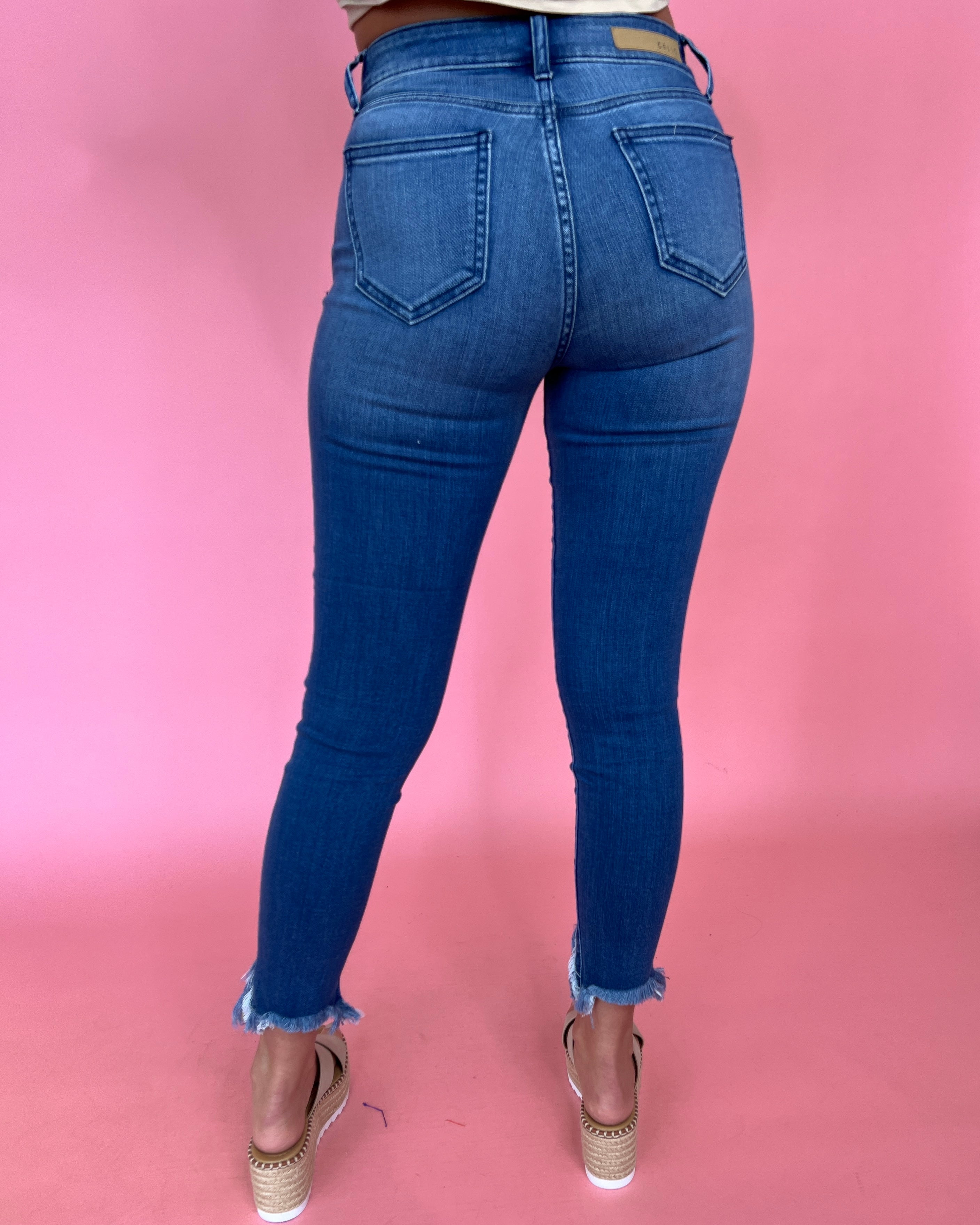 Good Advice Medium Denim Frayed Hem Skinny Jeans-Shop-Womens-Boutique-Clothing