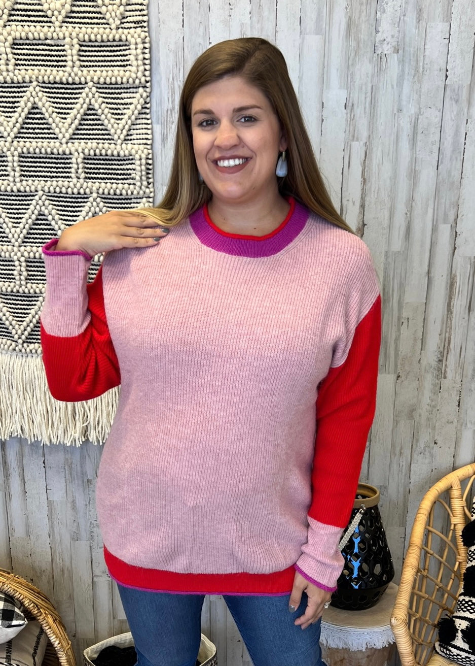 I Almost Do Plus Size Pink Multi Color Block Round Neck Ribbed Sweater-Shop-Womens-Boutique-Clothing