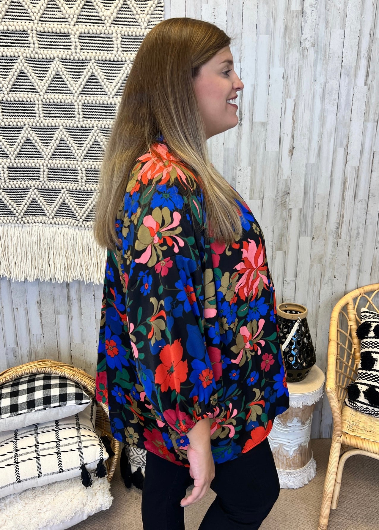 Break Even Black Plus Size Large Floral Split Neck Top-Shop-Womens-Boutique-Clothing