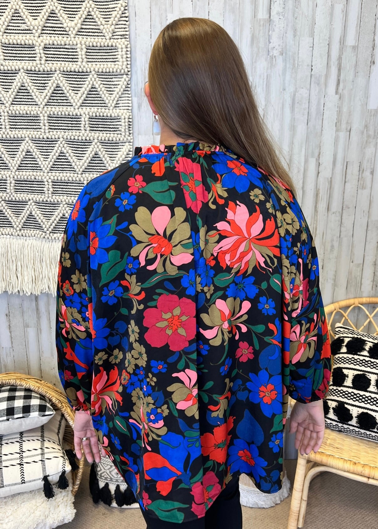 Break Even Black Plus Size Large Floral Split Neck Top-Shop-Womens-Boutique-Clothing