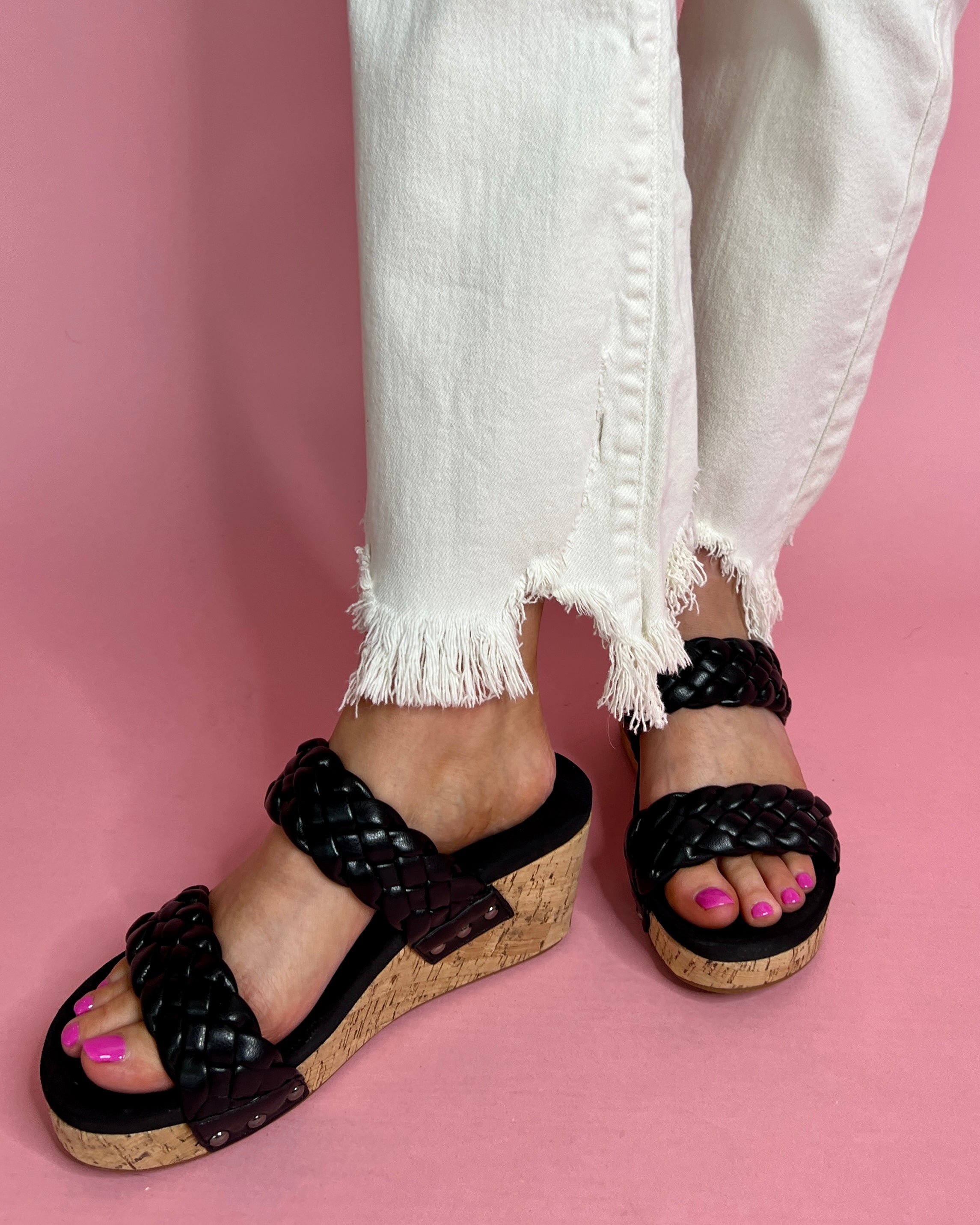 Avril Black Braided Strap Slip on Sandals-Shop-Womens-Boutique-Clothing