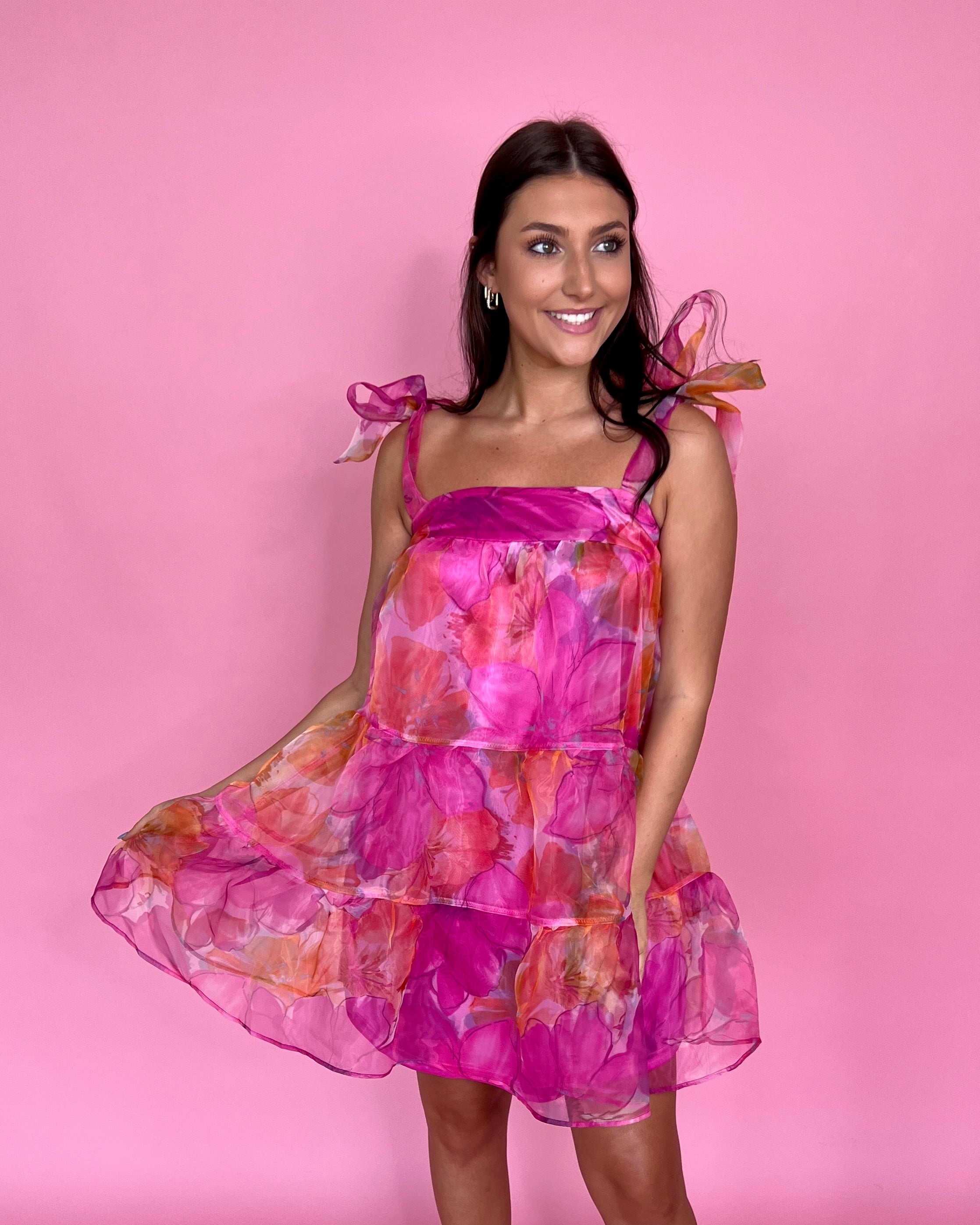 Spring Vibes Pink Flower Print Organza Dress-Shop-Womens-Boutique-Clothing