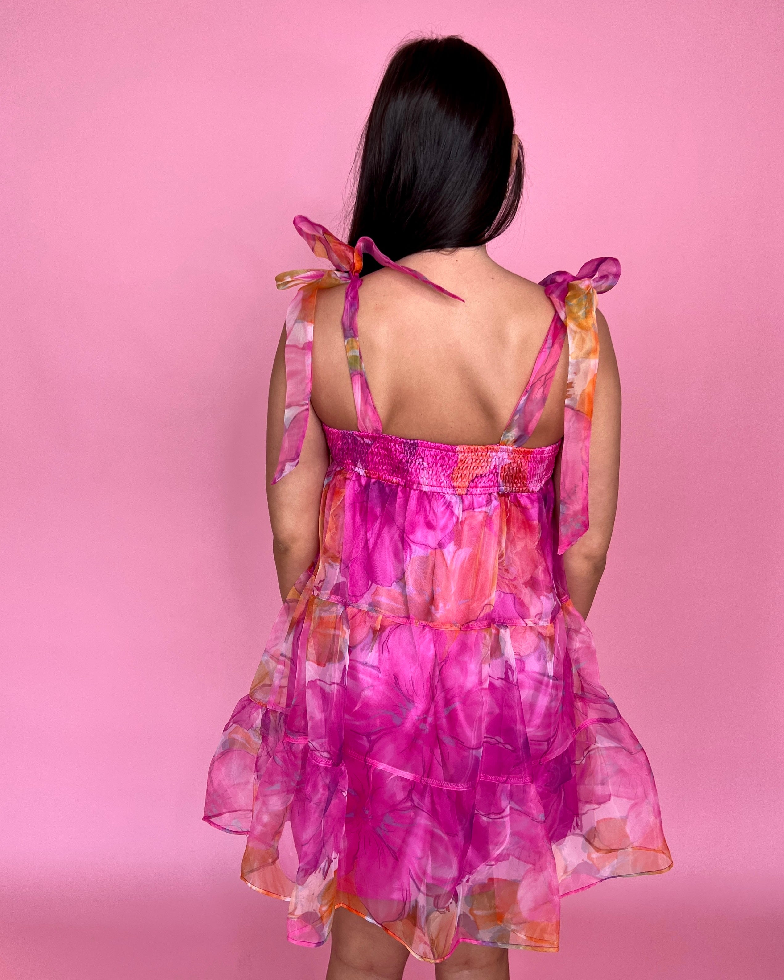 Spring Vibes Pink Flower Print Organza Dress-Shop-Womens-Boutique-Clothing