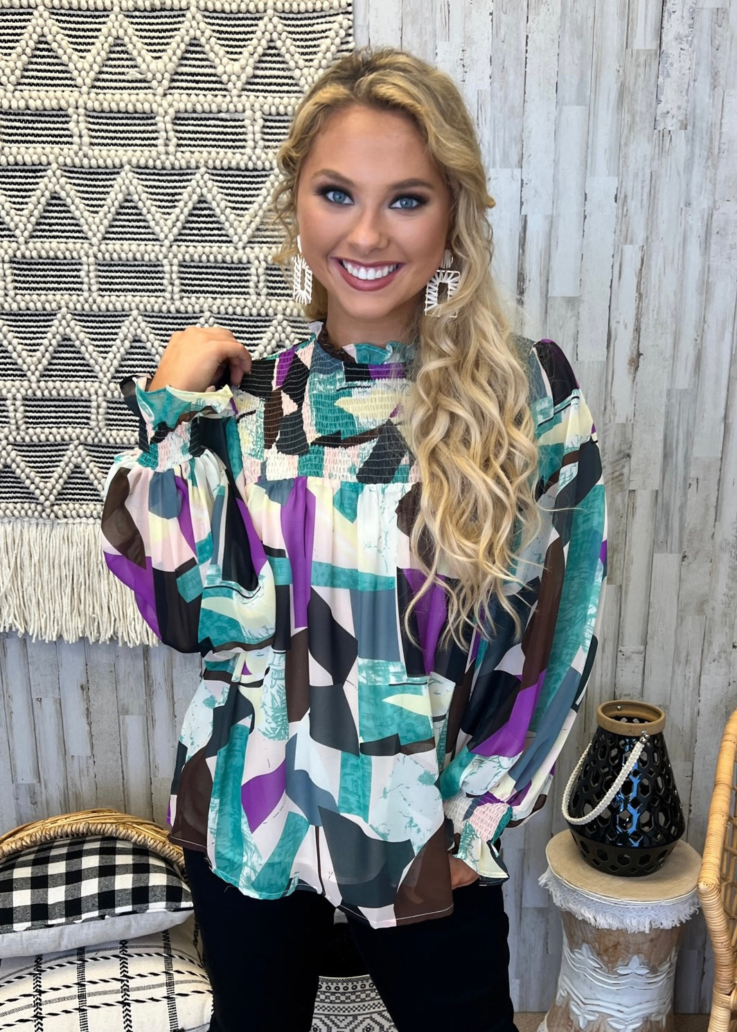 Creative Minds Orchid Green Geometric Smocked Top-Shop-Womens-Boutique-Clothing