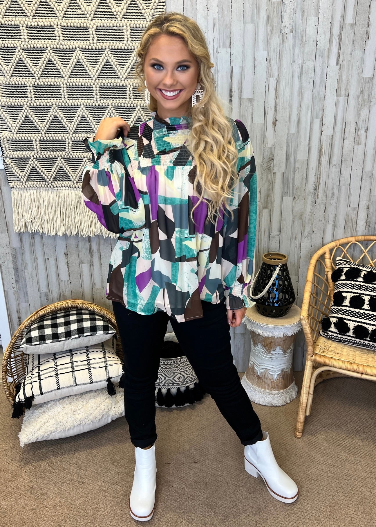 Creative Minds Orchid Green Geometric Smocked Top-Shop-Womens-Boutique-Clothing