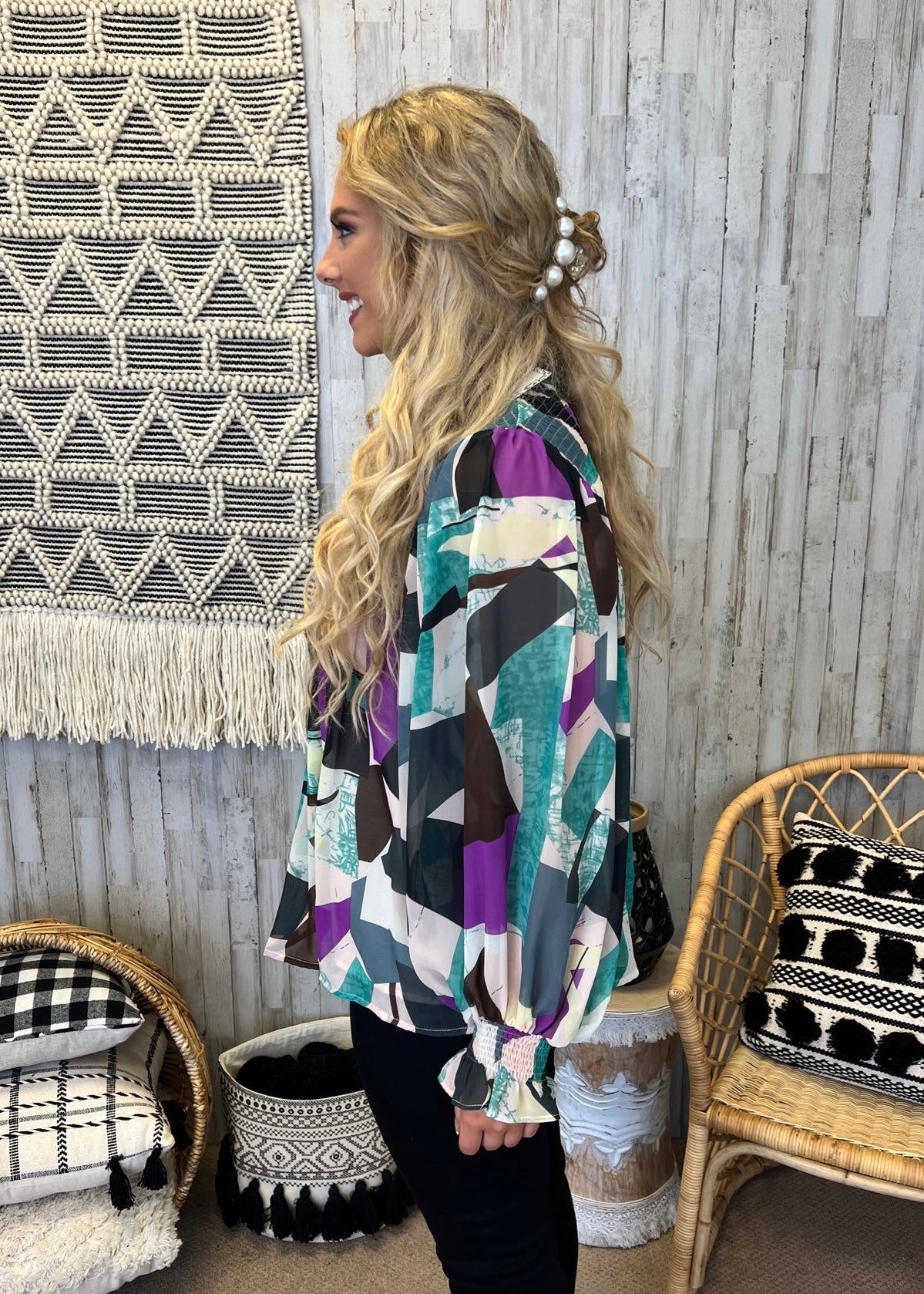 Creative Minds Orchid Green Geometric Smocked Top-Shop-Womens-Boutique-Clothing