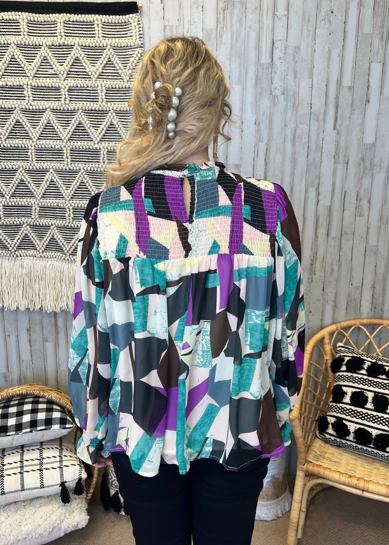 Creative Minds Orchid Green Geometric Smocked Top-Shop-Womens-Boutique-Clothing