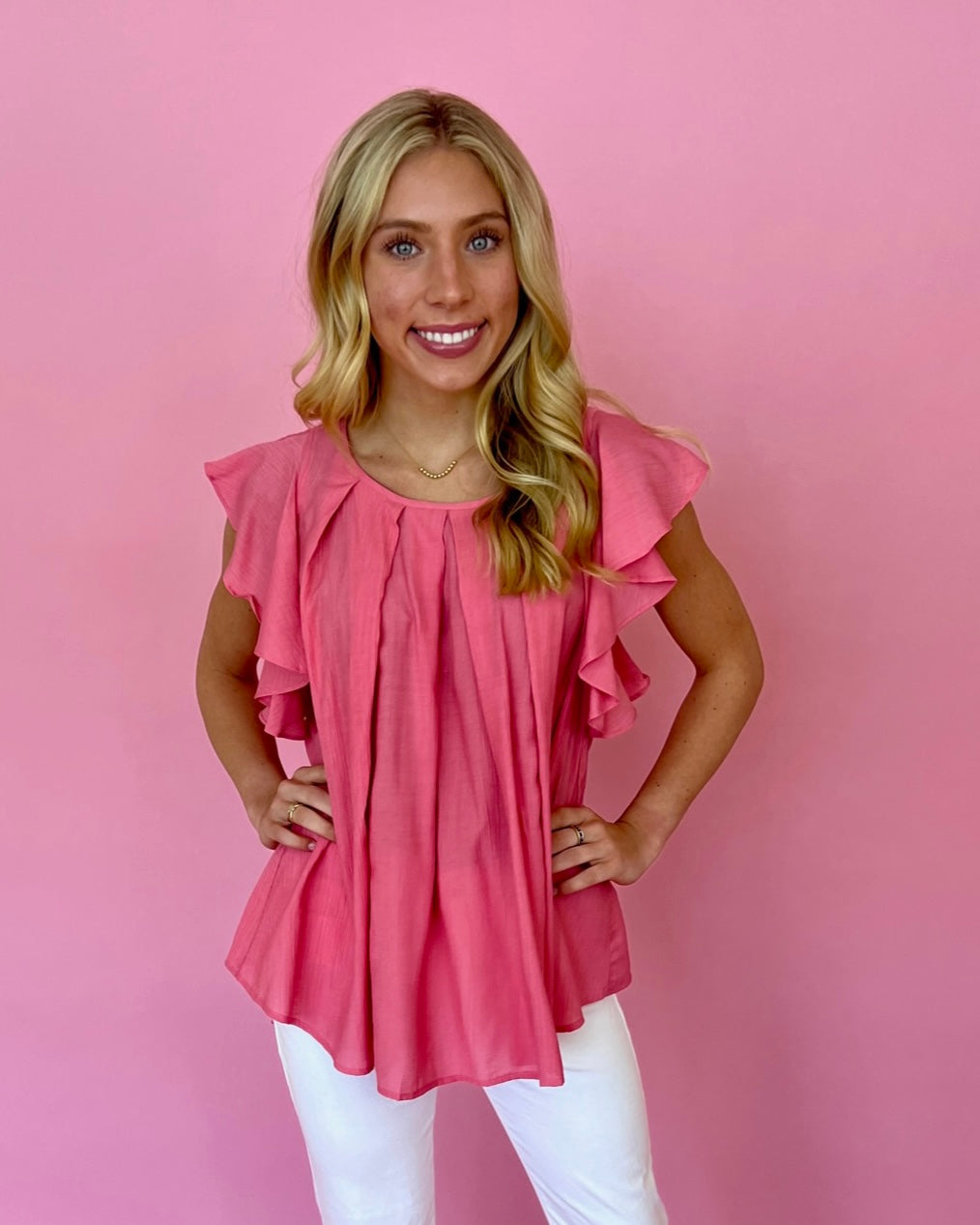 Coast Is Clear Pink Coral Crinkle Gauze Ruffle Top-Shop-Womens-Boutique-Clothing
