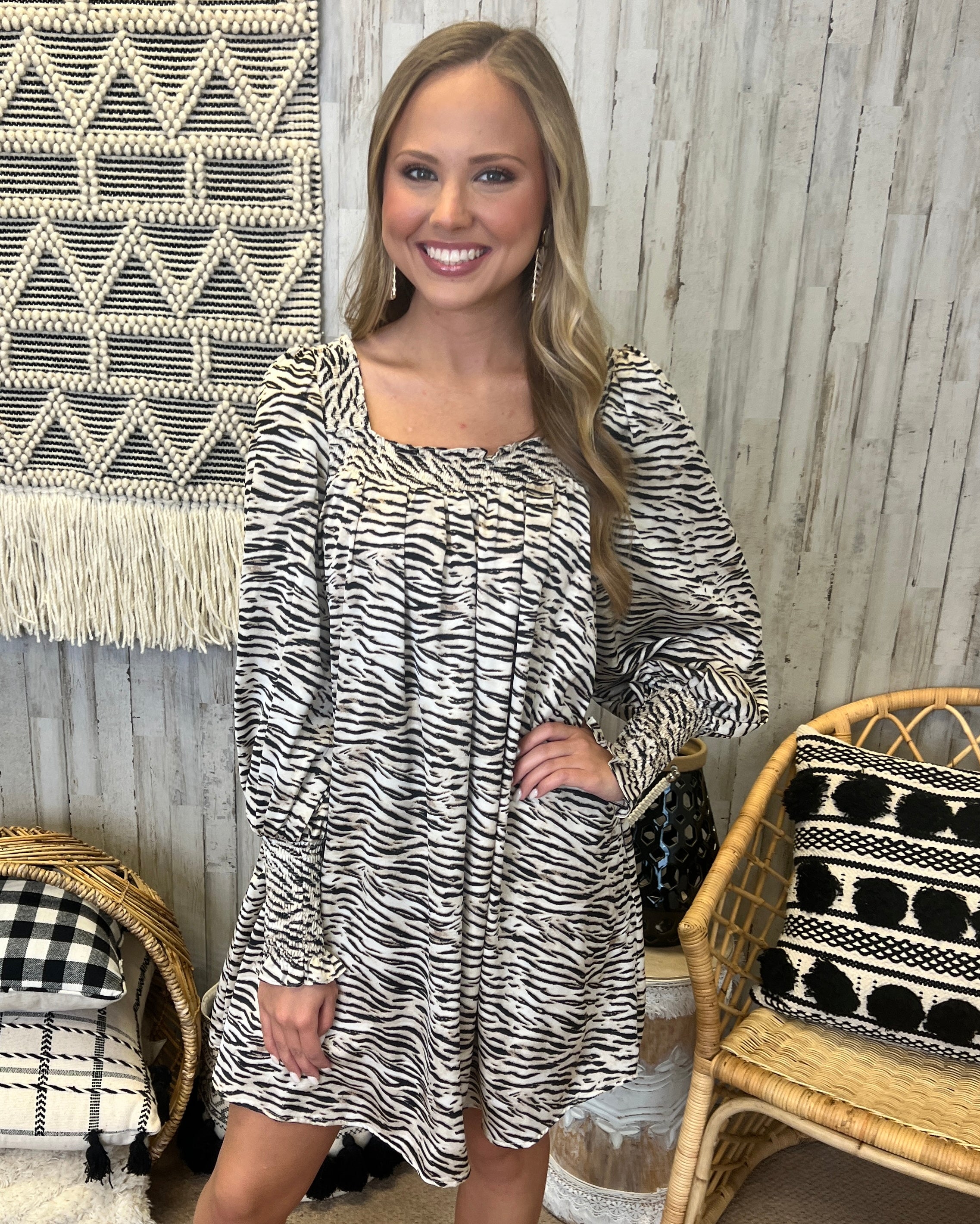 New Year Taupe Zebra Square Neck Dress-Shop-Womens-Boutique-Clothing