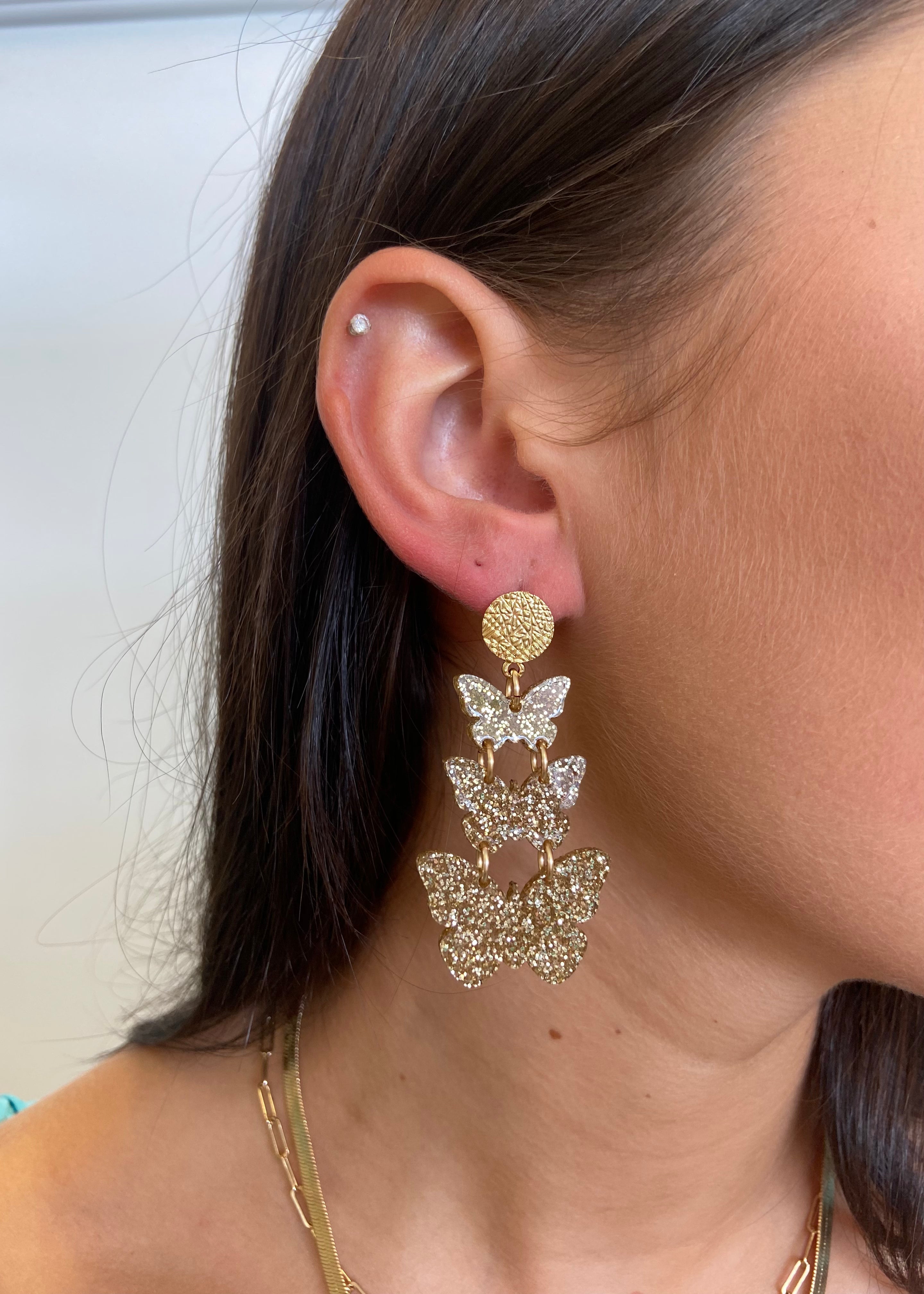Give Me Butterflies Gold Glitter Earrings-Regular-Shop-Womens-Boutique-Clothing