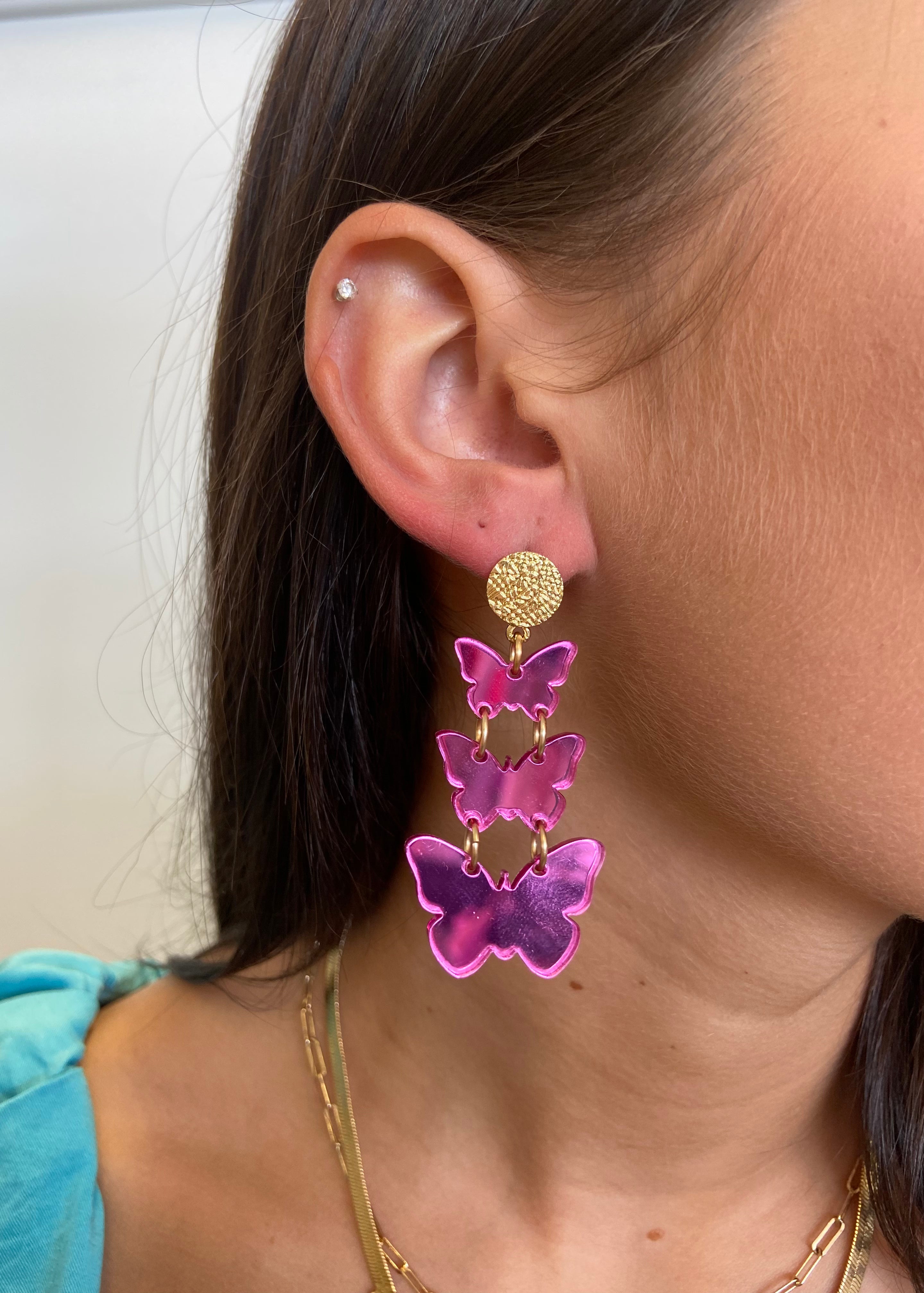 Give Me Butterflies Pink Mirror Earrings-Regular-Shop-Womens-Boutique-Clothing