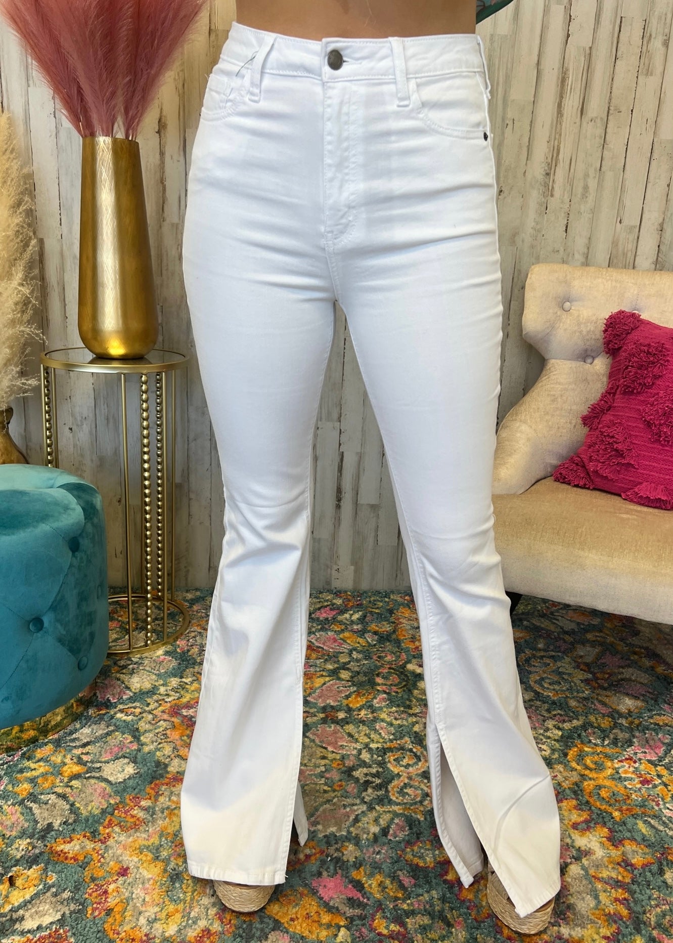 Cali Cruisin' White High Rise Slit Flare Jeans-Shop-Womens-Boutique-Clothing