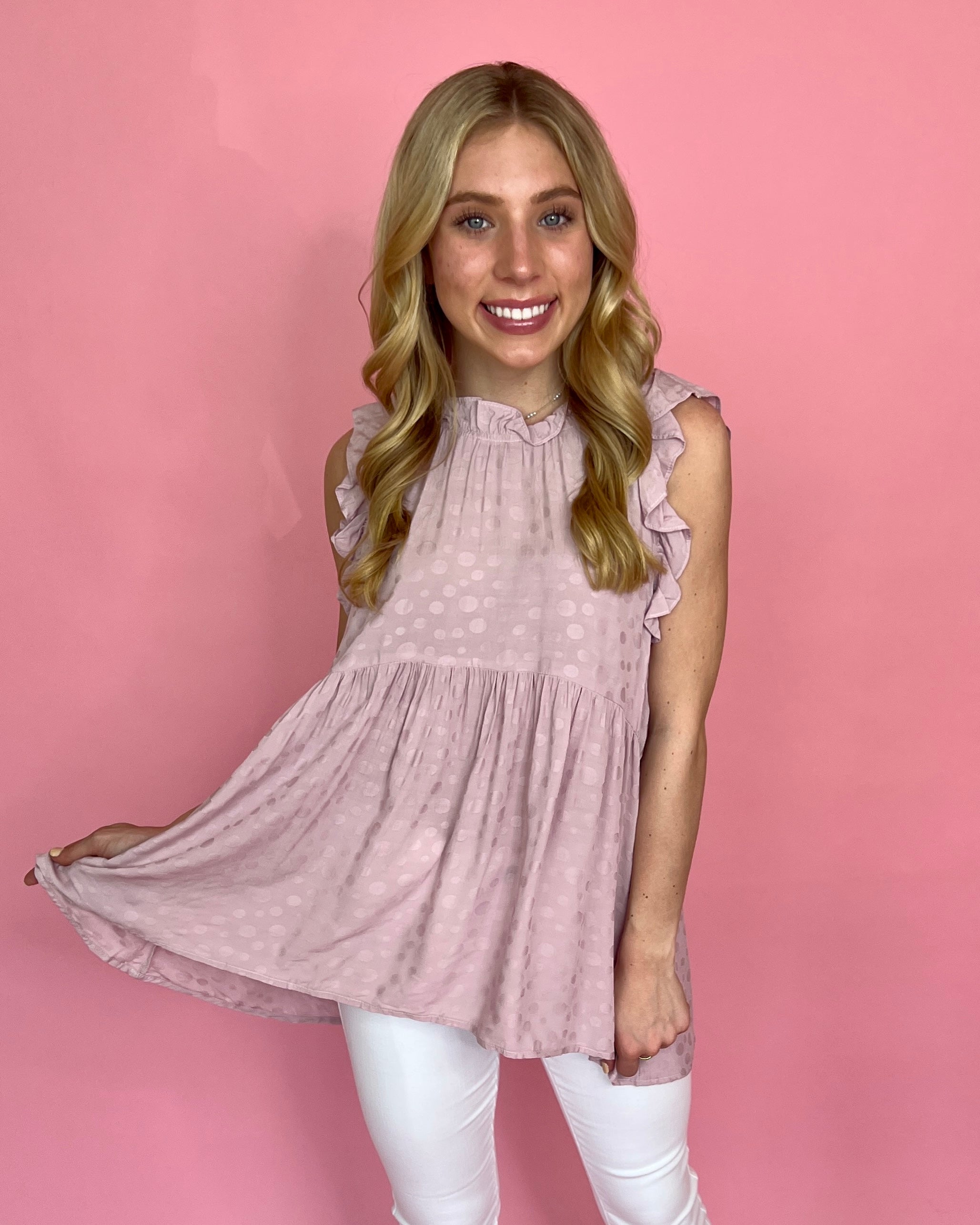 A Different World Dusty Pink Dot Textured Tiered Top-Shop-Womens-Boutique-Clothing