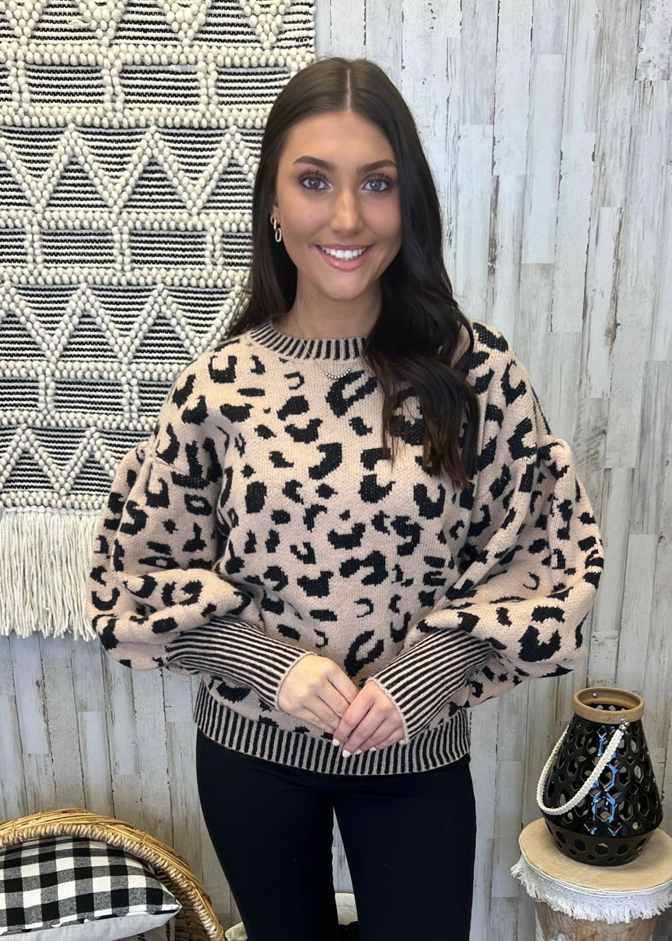 Wild Things Taupe/Black Leopard Balloon Sleeve Sweater-Shop-Womens-Boutique-Clothing