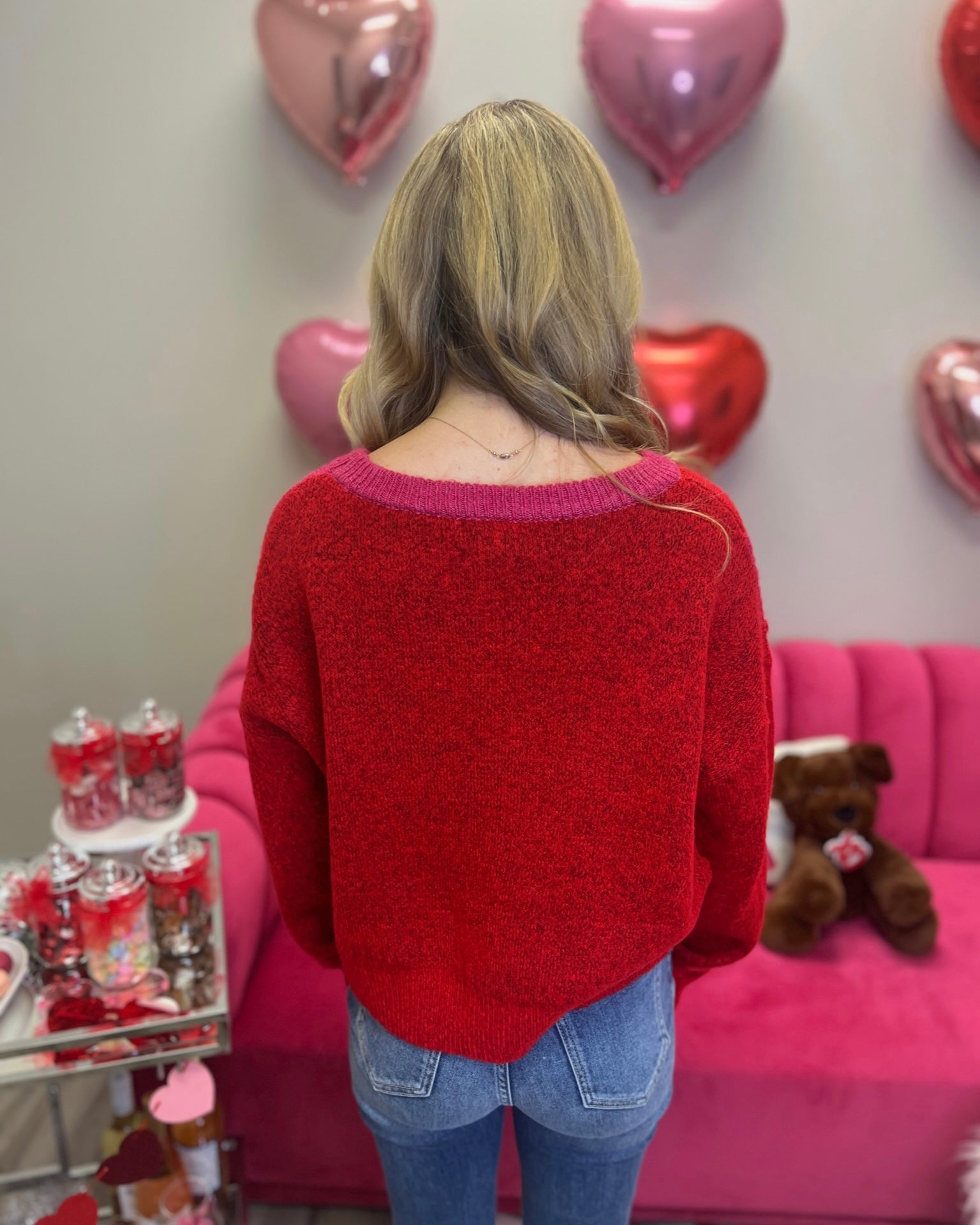 Big Hearts Dark Red Checkered Heart Texture Sweater-Shop-Womens-Boutique-Clothing