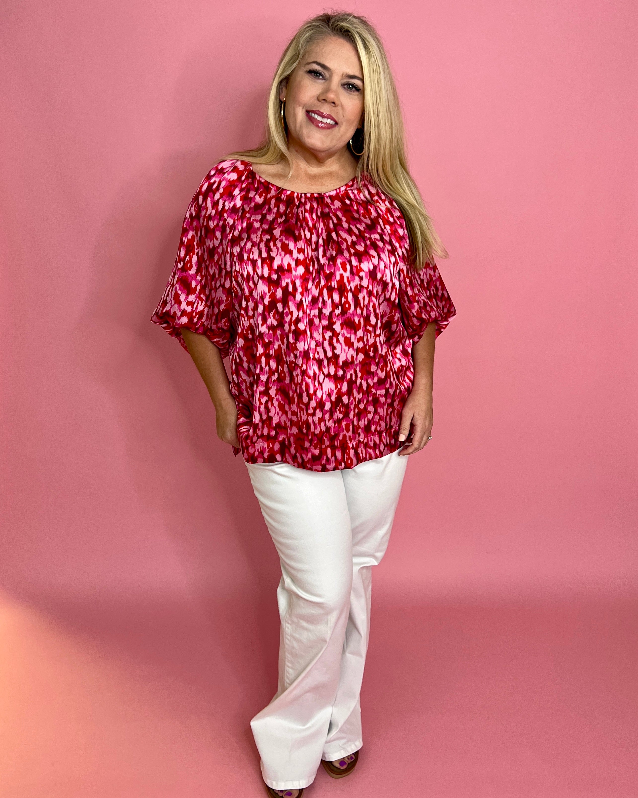 When I Met You Rose Pink Mix Plus Dot Print Puff Sleeve Top-Shop-Womens-Boutique-Clothing