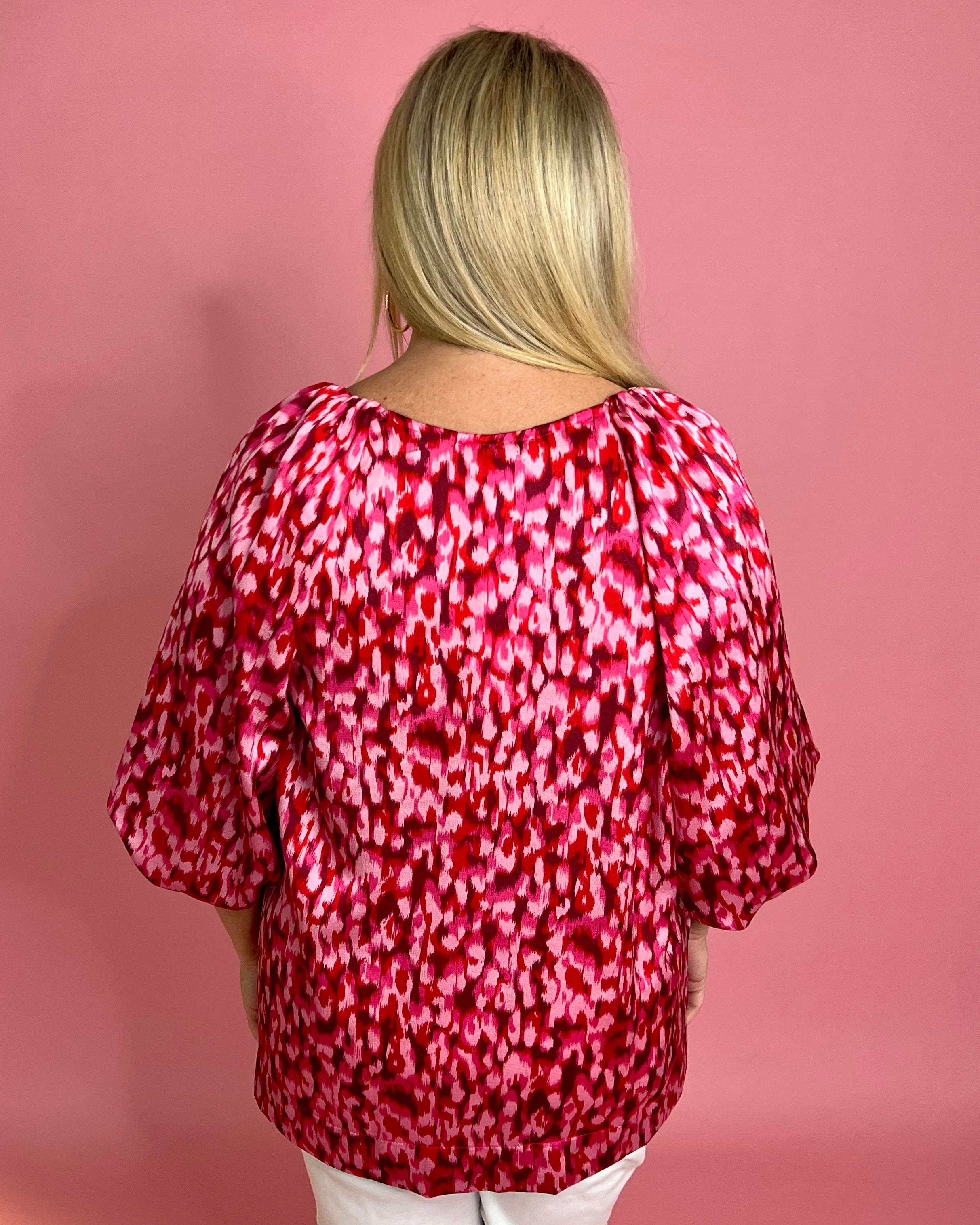 When I Met You Rose Pink Mix Plus Dot Print Puff Sleeve Top-Shop-Womens-Boutique-Clothing