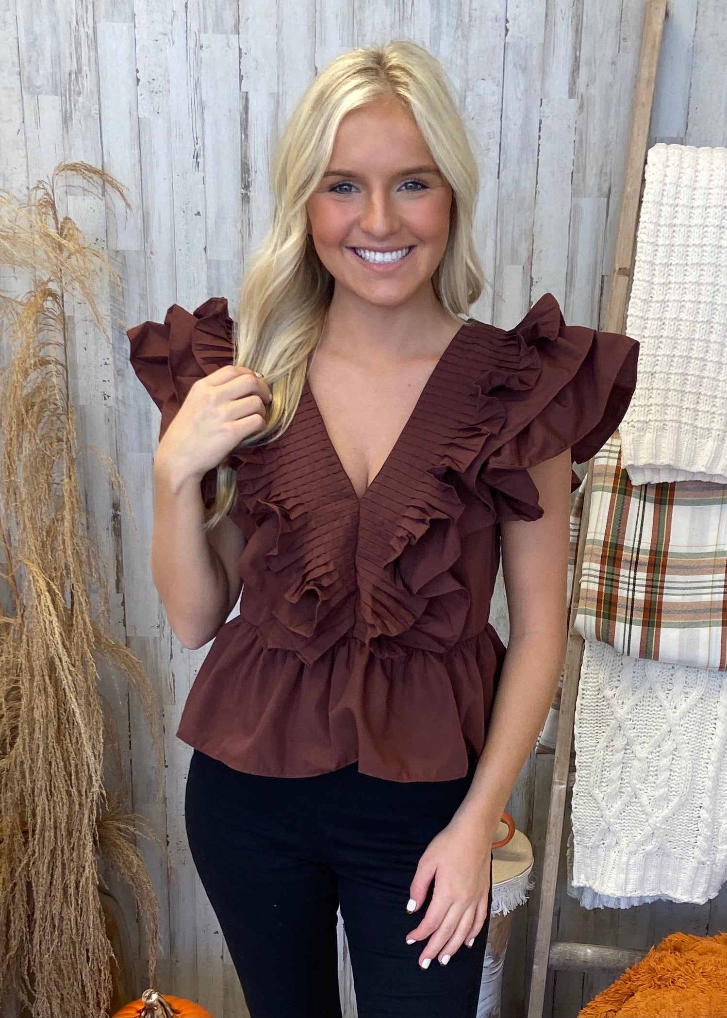 Suit Yourself Chocolate Pleated Top-Shop-Womens-Boutique-Clothing