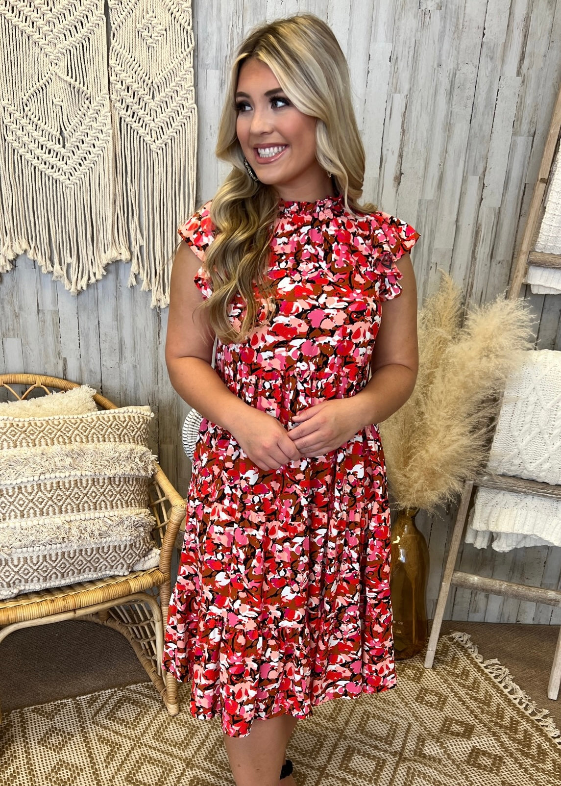 Everywhere We Go Red Multi Floral High Neck Tier Dress-Shop-Womens-Boutique-Clothing