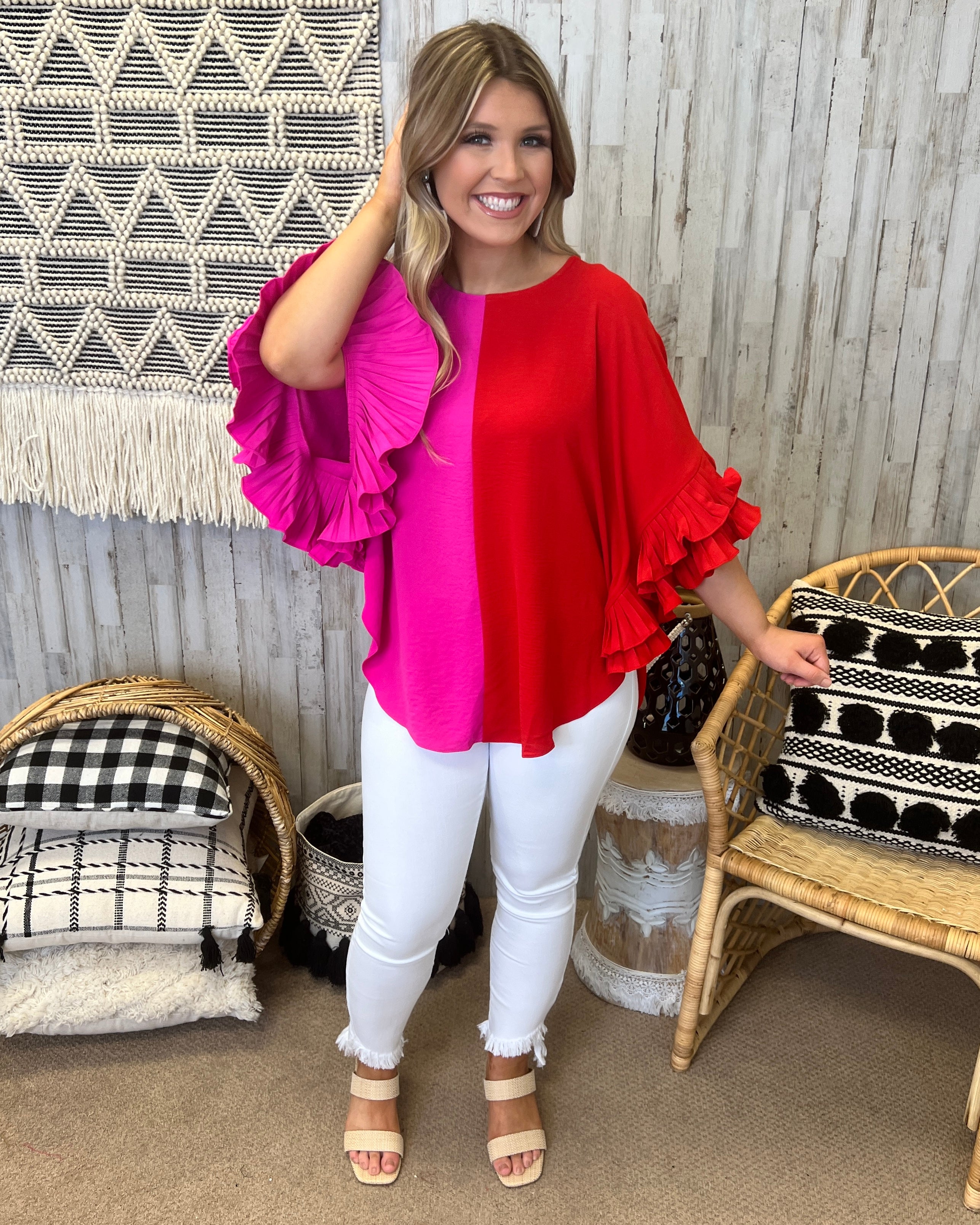 What It Takes Hot Pink/Red Ruffle Sleeve Dolman Top-Shop-Womens-Boutique-Clothing