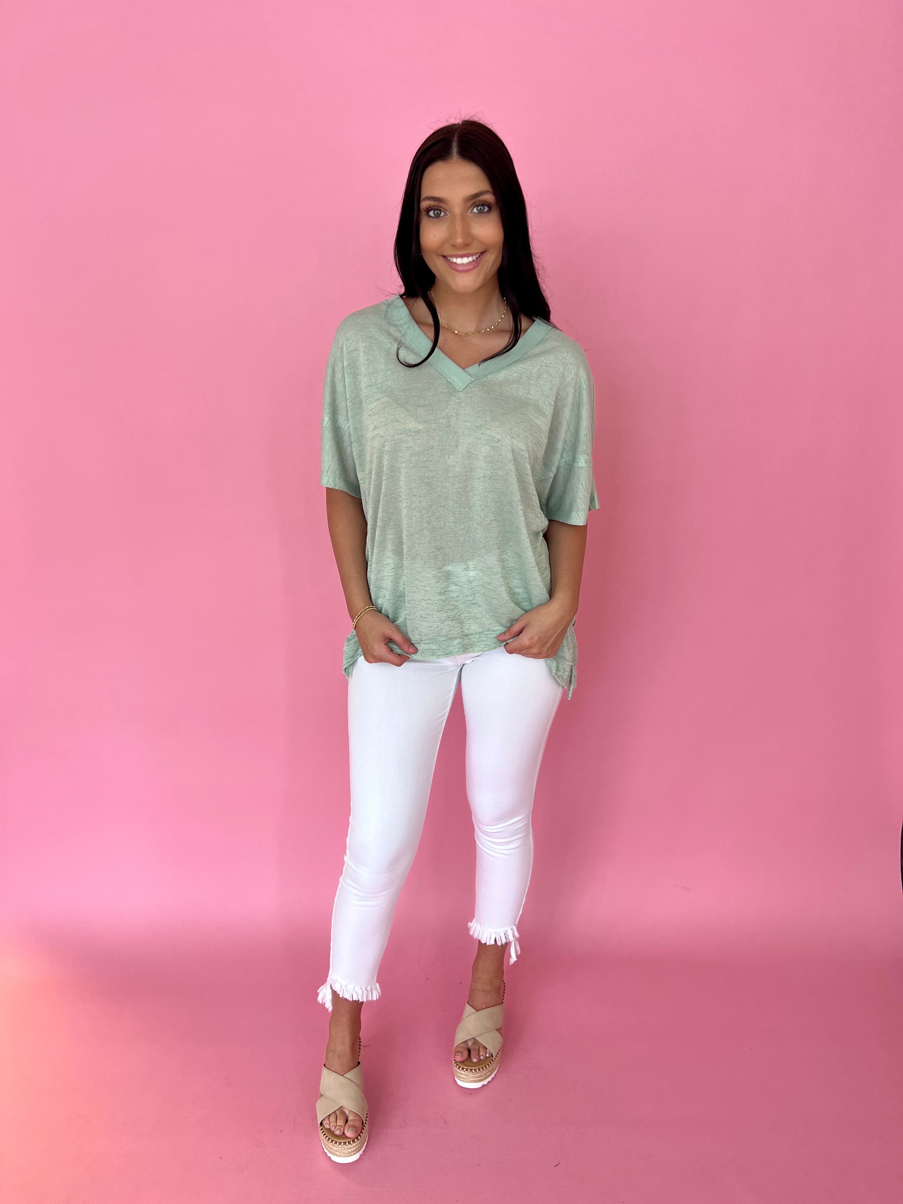 Stroll Through Town Light Sage V-Neck Short Sleeve Top-Shop-Womens-Boutique-Clothing