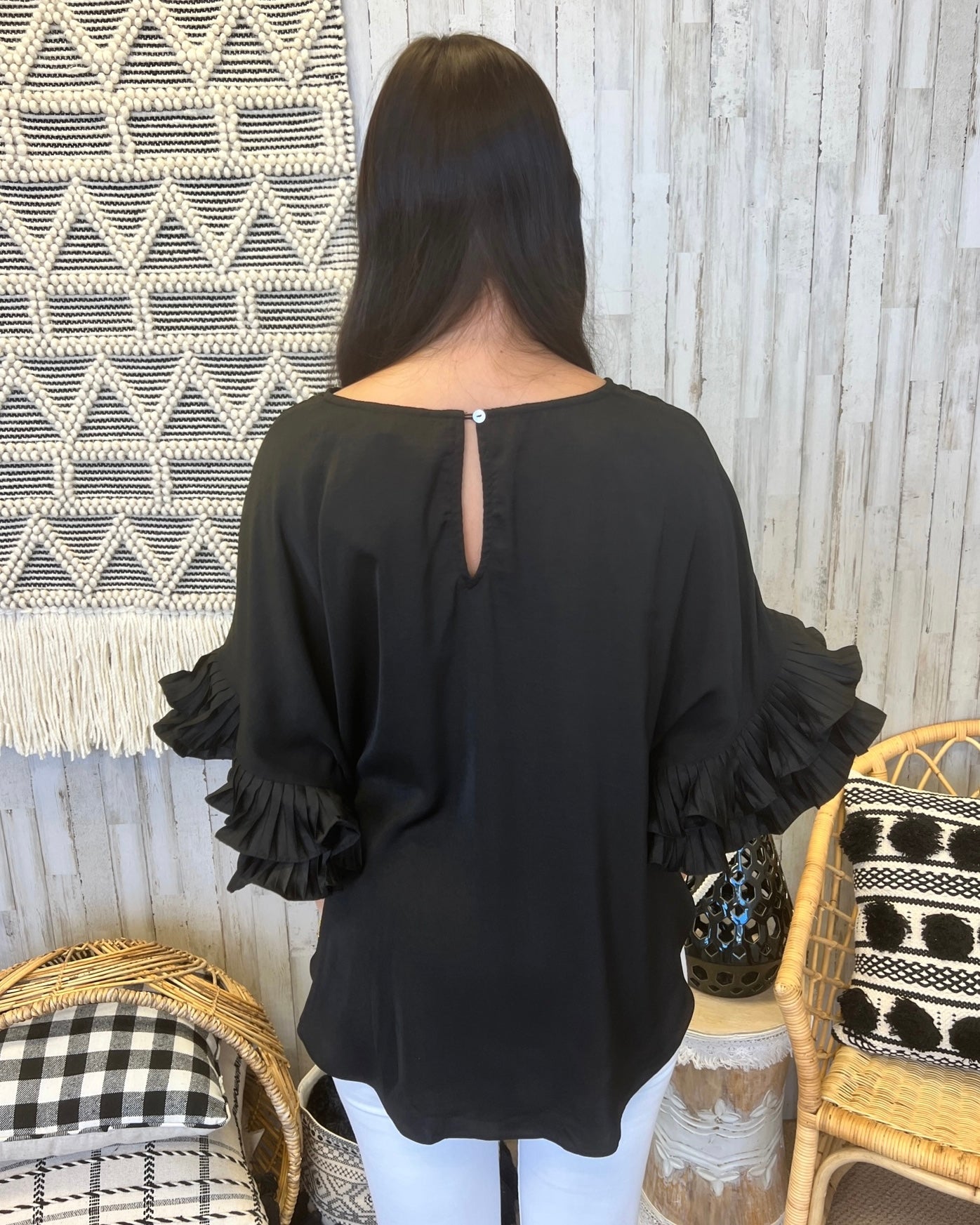 Work Together Black Dolman Satin Ruffle Sleeve Top-Shop-Womens-Boutique-Clothing