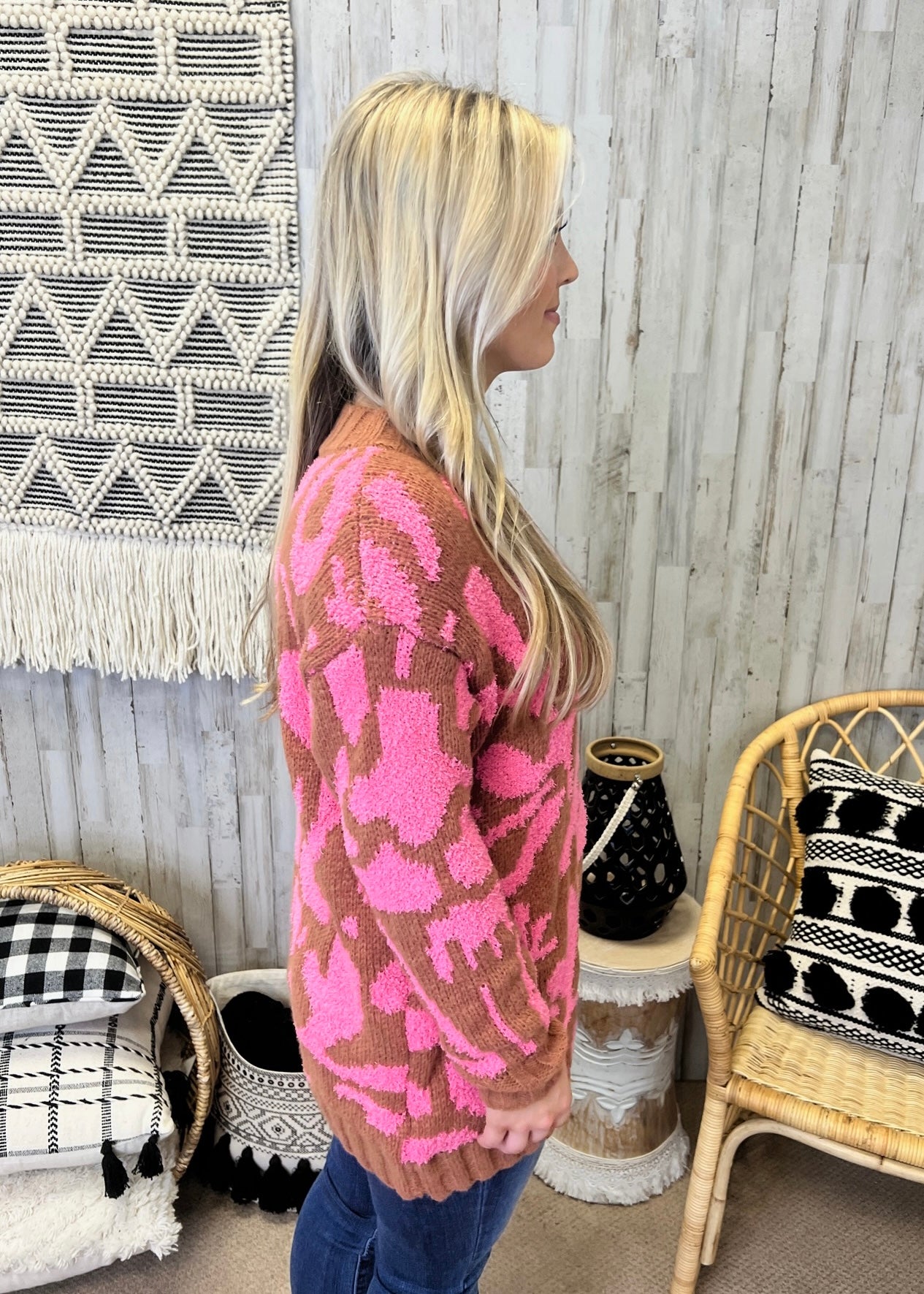 Loads Of Fun Pink Abstract Print Fuzzy Sweater-Shop-Womens-Boutique-Clothing