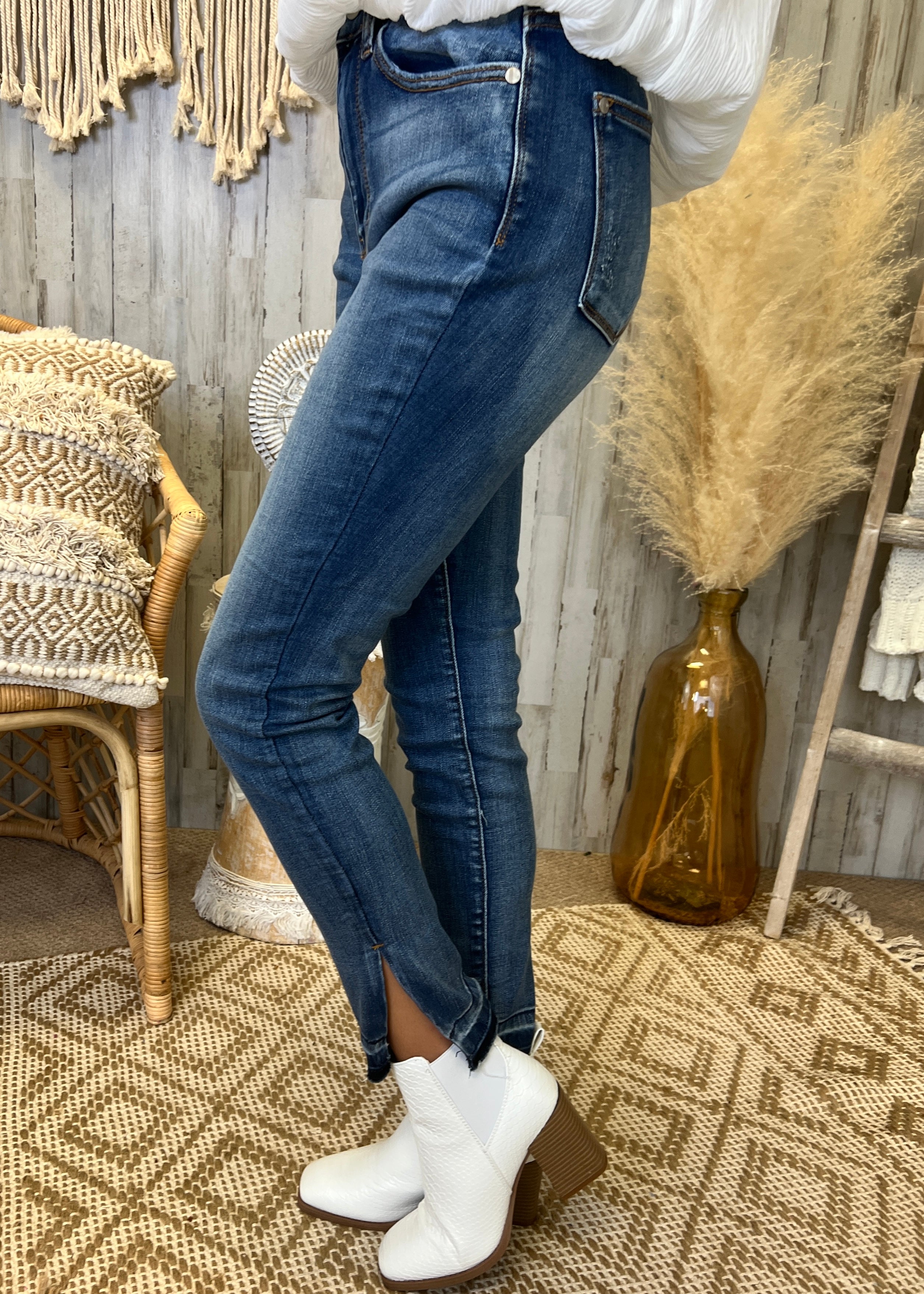 Going Far Medium Denim Side Slit High Waist Skinny Jeans-Shop-Womens-Boutique-Clothing